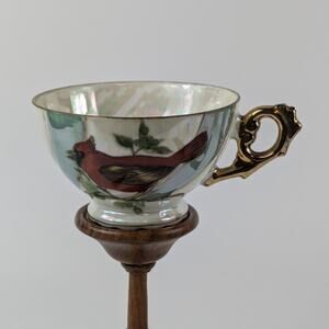 Red Cardinal Lusterware Teacup Japan Gold White Blue Pinwheel Bone China Gift